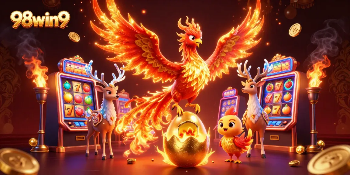 Experience thrilling gameplay with 98win9's dynamic slots, featuring a fire phoenix and a cheerful chick in a golden egg.