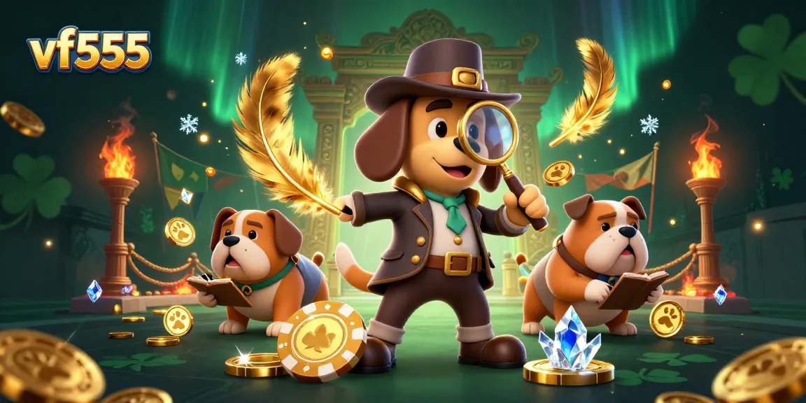 Enjoy thrilling bets with vf555 as characters explore clues in a vibrant casino illustration.