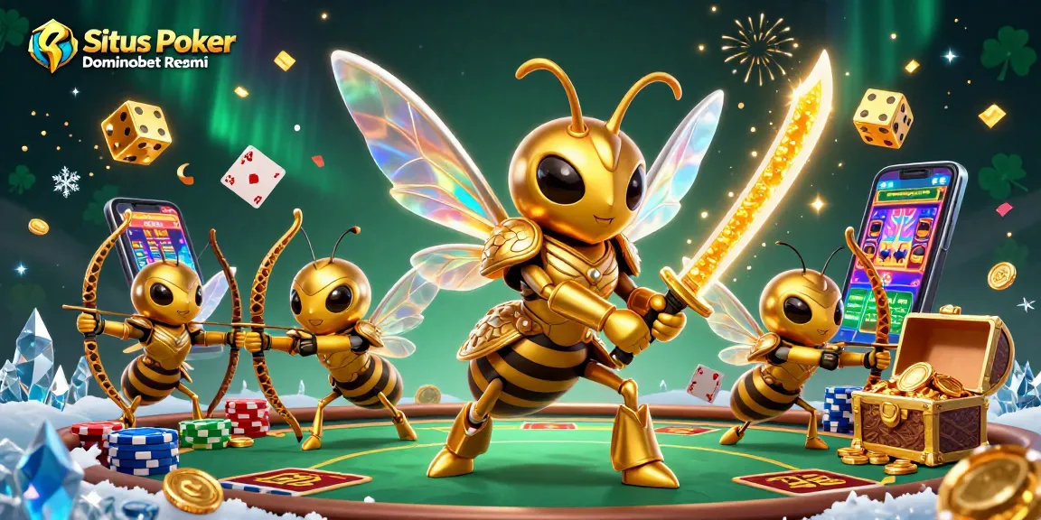 Play exciting poker games at Situs Poker Dominobet Resmi as dynamic golden hornet characters celebrate with colorful chips and cards.