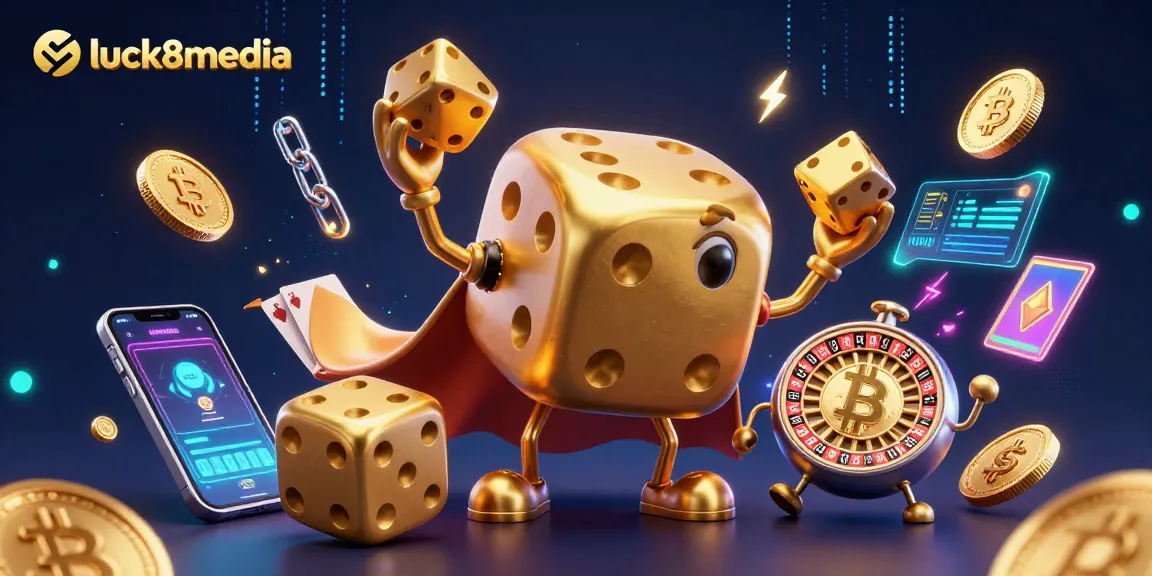 Experience the luck8media adventure with vibrant casino elements and dynamic characters in this 3D illustration.