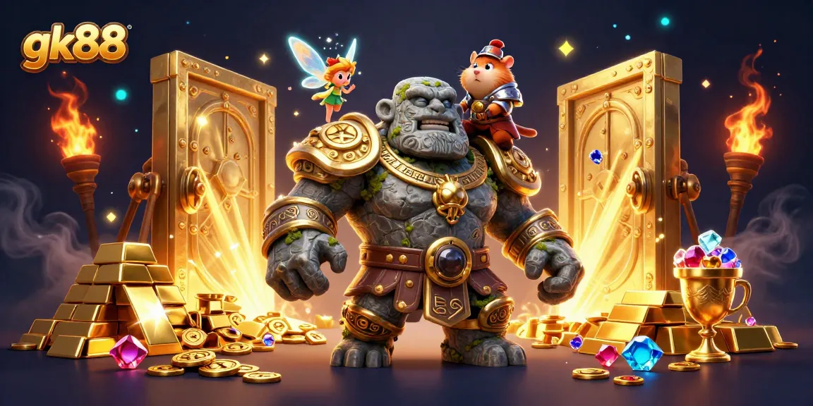 gk88 displays an enchanting 3D casino scene with a golem, fairy, and hamster knight amidst treasures.