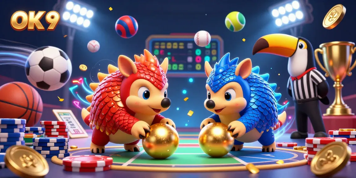 Experience thrilling casino action with OK 9 as rival pangolins compete among poker chips and golden trophies.
