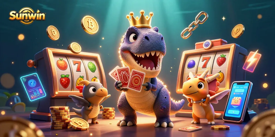 Engage with Sunwin's T-Rex character featuring gaming strategies amidst vibrant casino elements