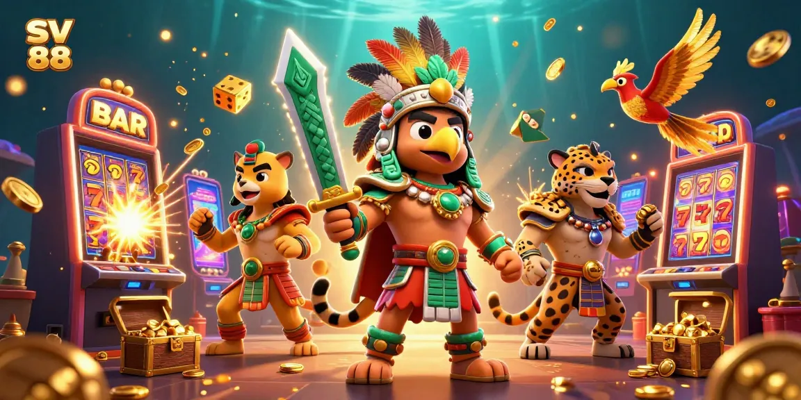 Experience thrilling gaming with SV 88, featuring a captivating Aztec warrior scene filled with casino elements.