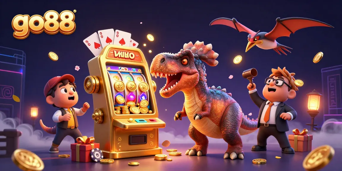 Experience the excitement at go88 with dynamic casino games featuring fun characters and a golden slot machine.