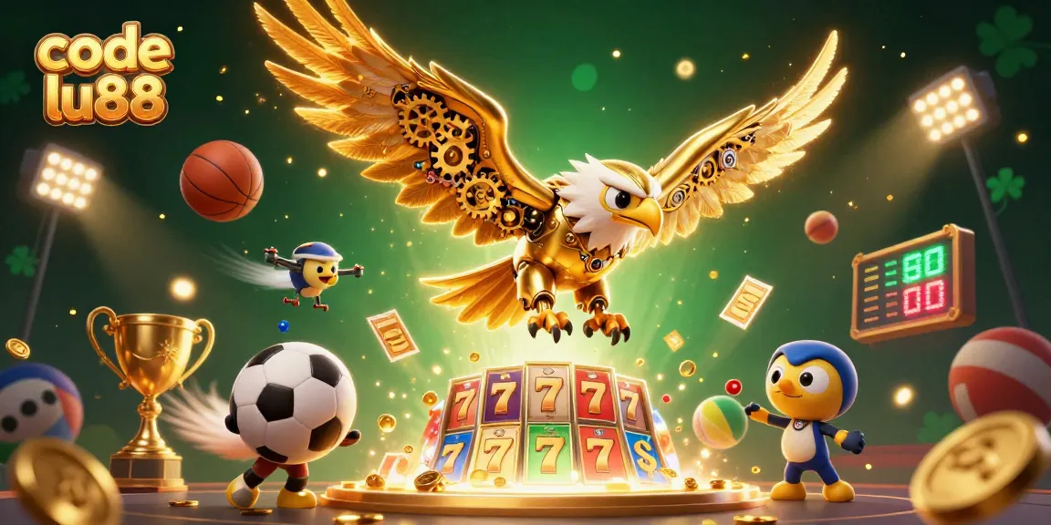 Experience excitement and big wins with code lu88 in this dynamic 3D casino scene featuring slot reels and gold coins.