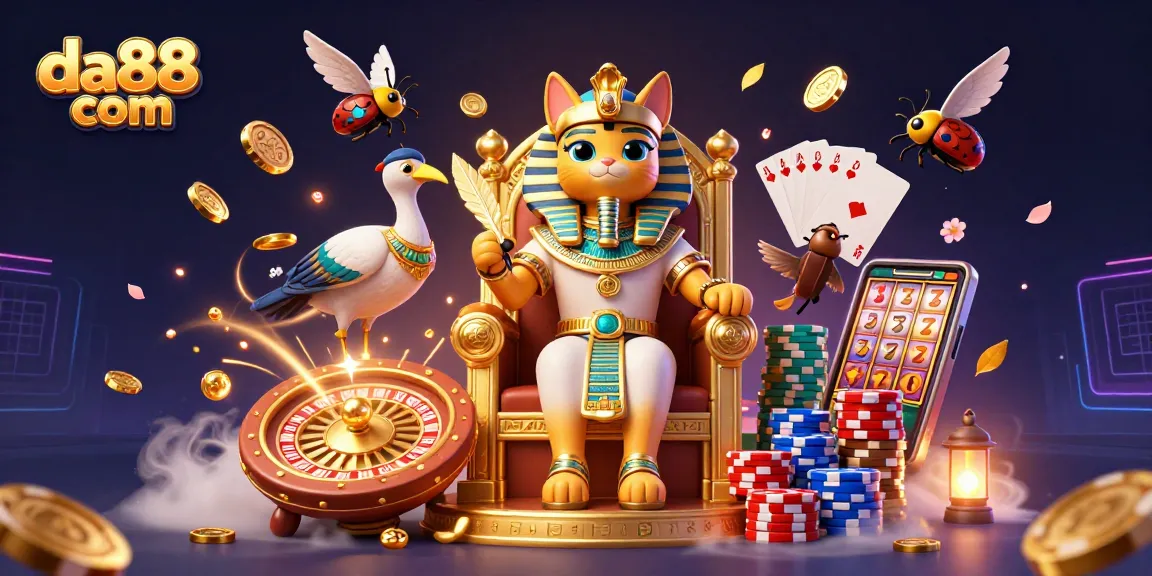 Spin reels and win at da88 com with an Egyptian pharaoh cat amidst dazzling casino elements.