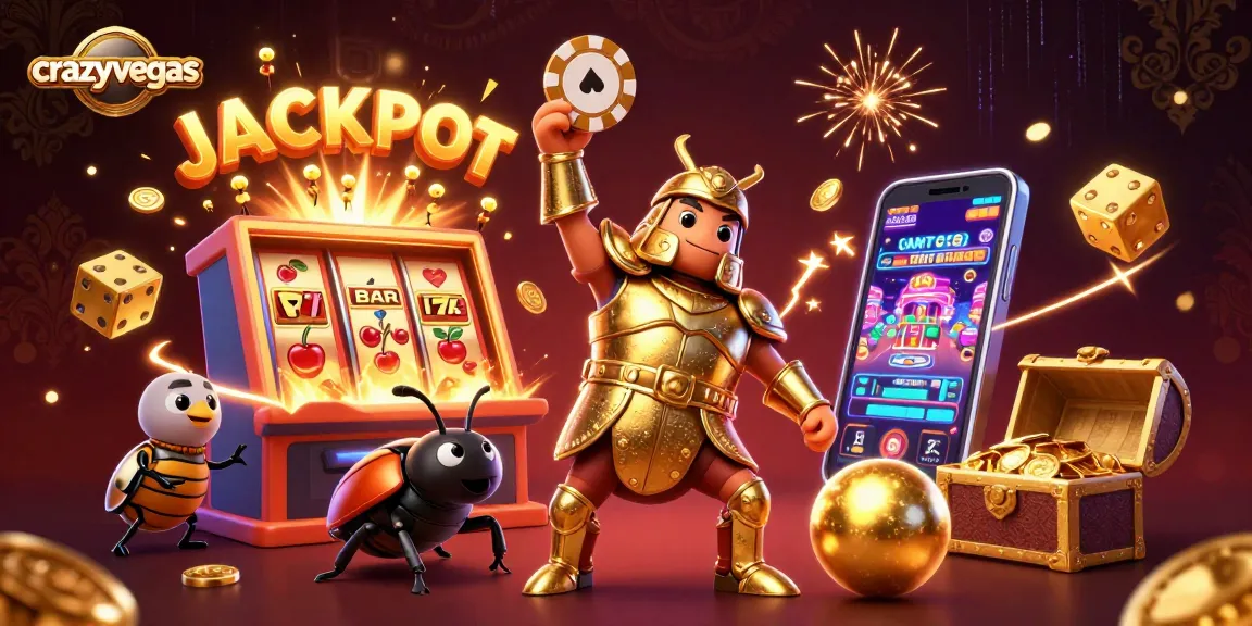 Crazyvegas showcases a victorious hercules beetle lifting a poker chip in a vibrant casino atmosphere.