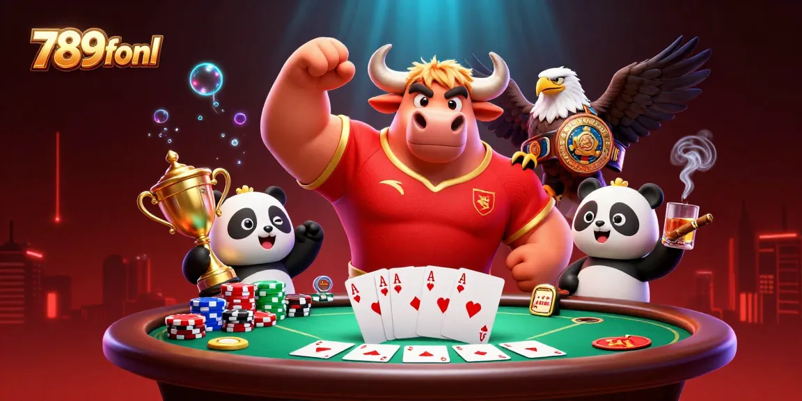Experience the thrill of 789fonl as a bull mascot celebrates with a trophy and poker elements.