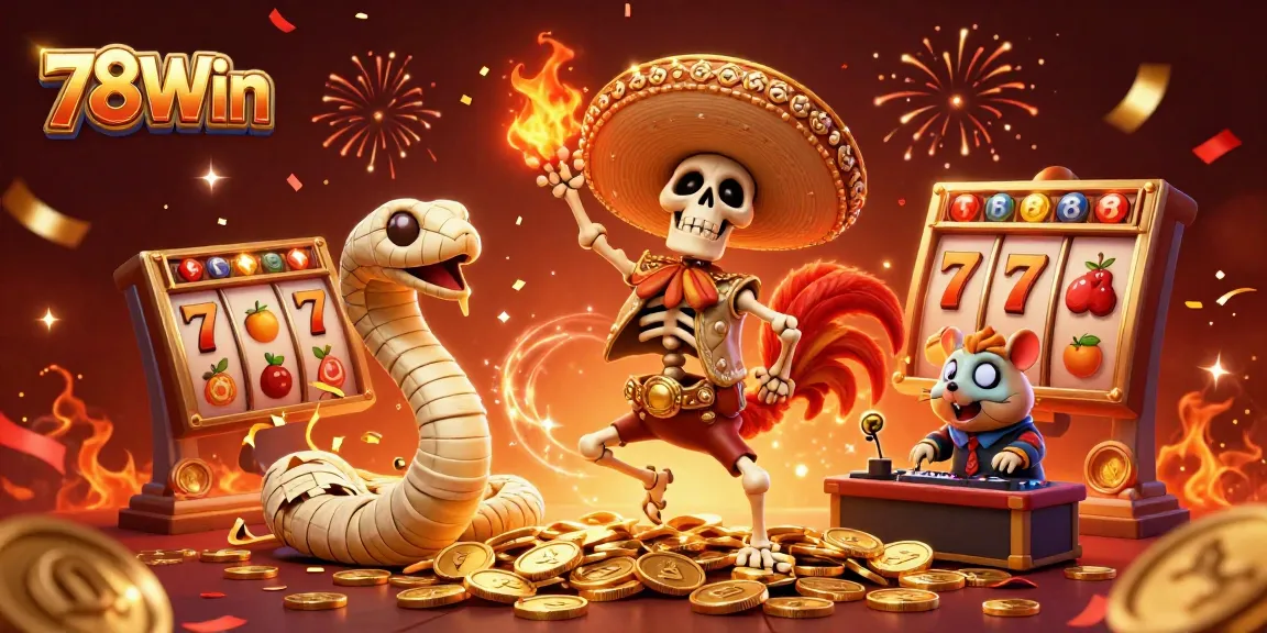 Celebrate big wins at 78Win with a lively casino scene filled with gold coins and vibrant characters.