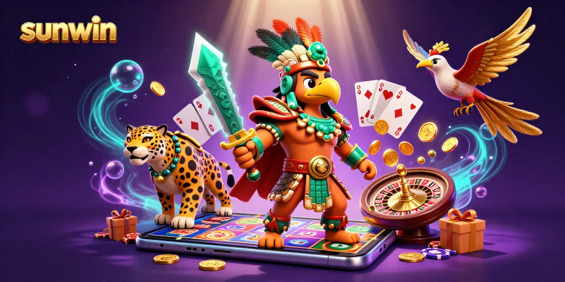 Engage with thrilling sunwin gaming as Aztec warriors celebrate exciting slot victories amid vibrant casino elements.