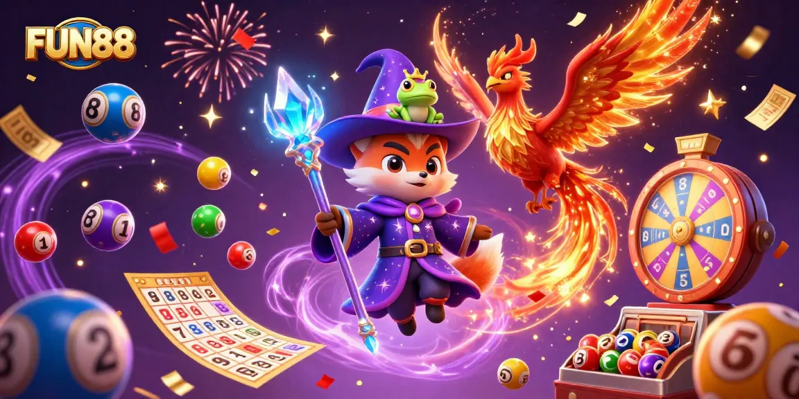 Experience the excitement of FUN88 with a vibrant 3D illustration showcasing colorful games and magical elements