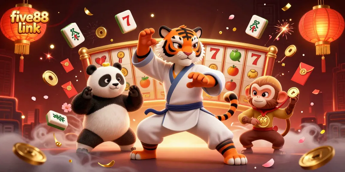 Engage in the excitement of five88 link with a vibrant casino scene featuring a kung fu tiger, panda, and monkey.